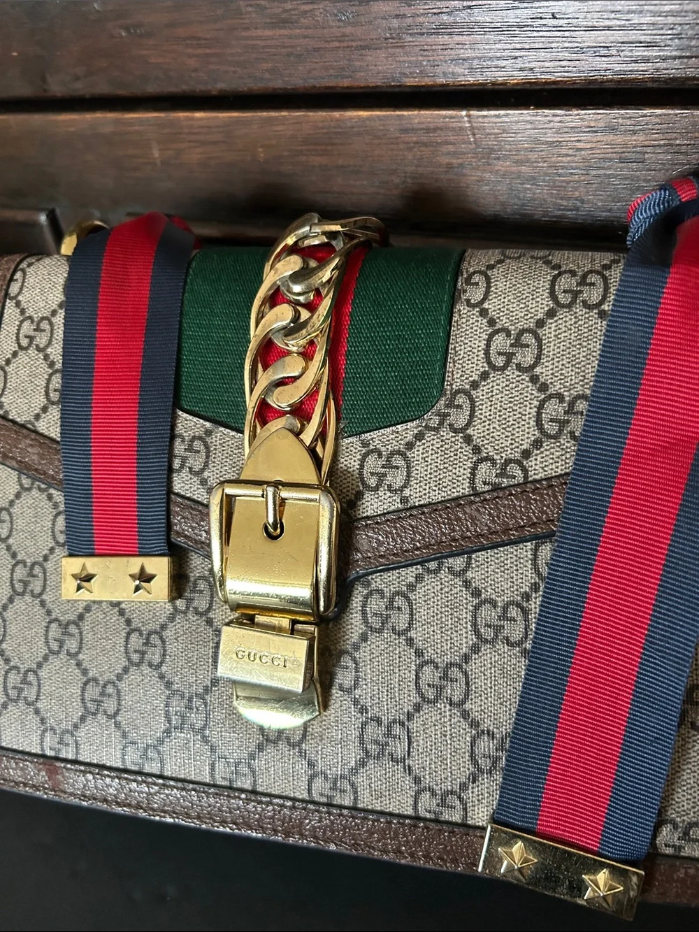 Beautiful Beige Crossbody with Green and Red-Blue Web Strap